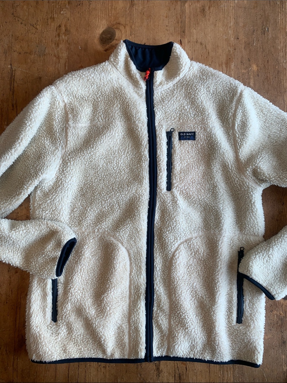 Old Navy Cream Sherpa Jacket with Black Trim and Zippers